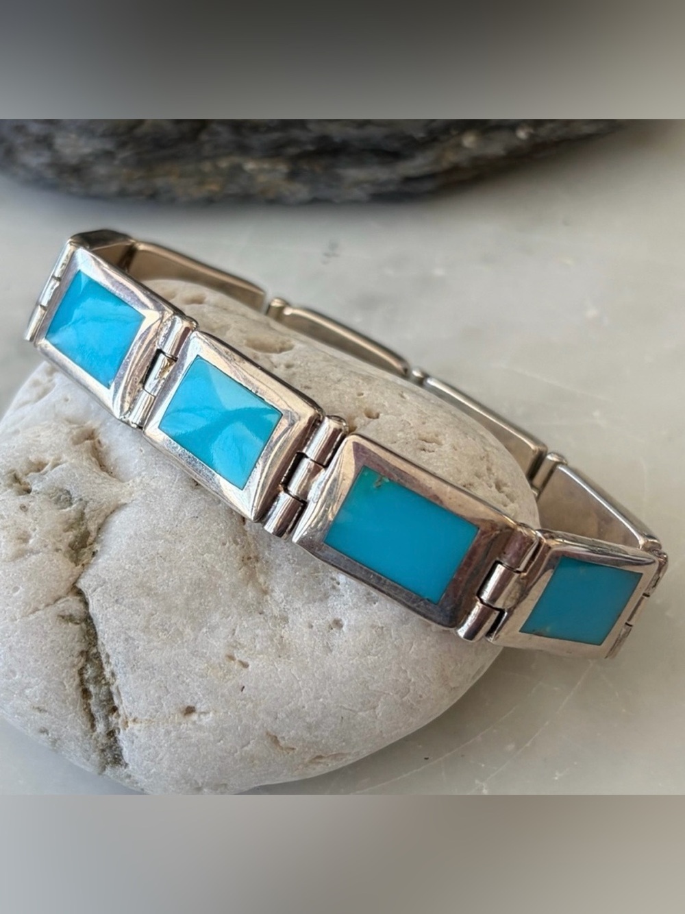 Native American Turquoise Sterling Link Vintage Bracelet